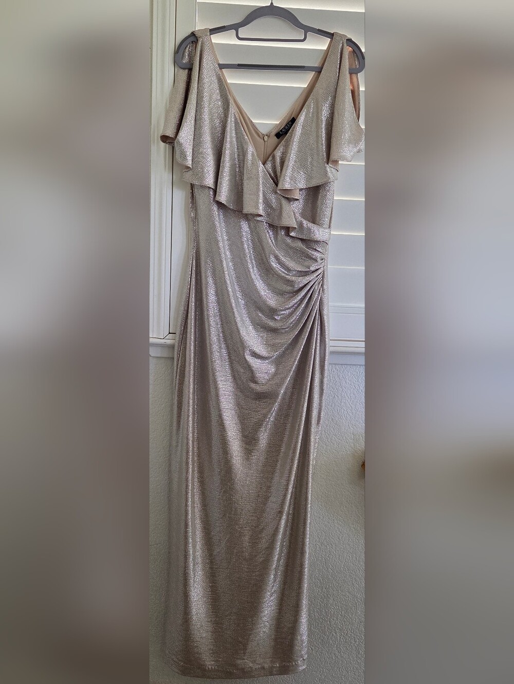 Lauren Ralph Lauren Metallic Champagne Ruffle Gown Dress NWT Formal